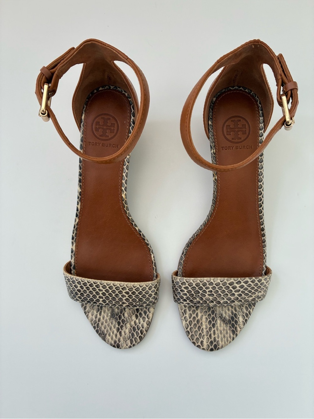 Tory Burch Snake Print Leather Wedge Sandals Ankle Strap Brown 8M